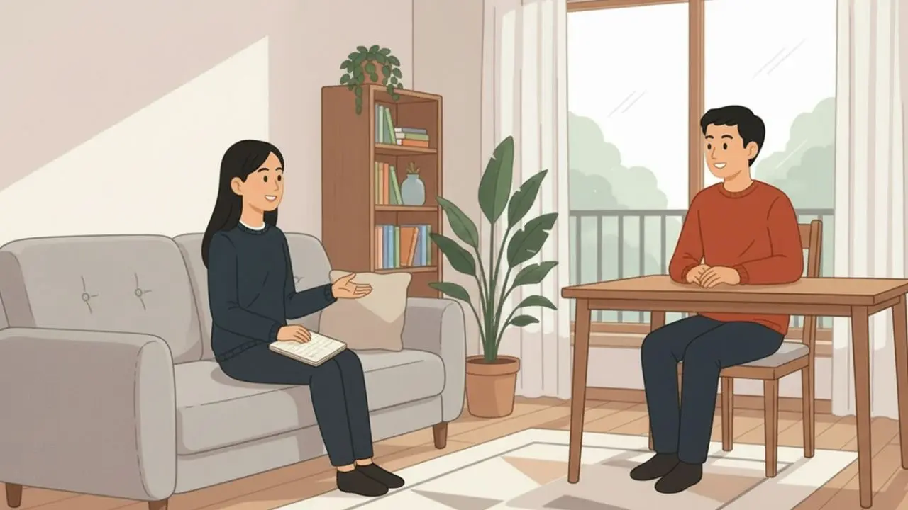 Emma is sitting on the sofa giving her brother Lucas an English test. Lucas is sitting at a small nearby table.