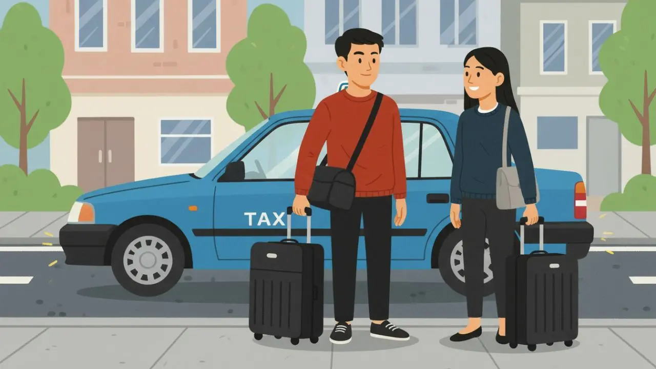 Emma and Lucas are standing on the footpath with their luggage. The taxi has just pulled up outside their house.